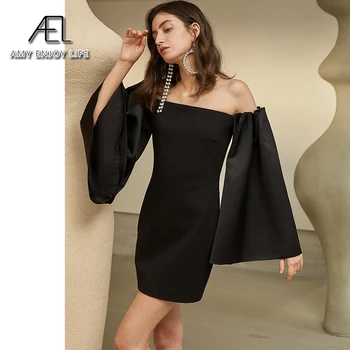 AEL juoda moters Suknelė, Velniop Kaklo Išjungti Peties pagoda Rankovėmis Aukštos Juosmens Mini Suknelės, Šaliai, Moterų 2020 m. vasarą
