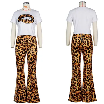 Adogirl Leopard Print Dviejų Dalių Rinkinys Moterims Atsitiktinis Trumpomis Rankovėmis T-Shirt, Derliaus Viršuje + Aukšto Juosmens Flare Kelnės Kostiumas Apranga Tracksuit