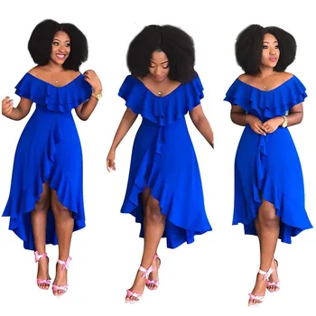 Afrikoje Drabužių Seksualus Mėlyną Susiėmę Big Swing Suknelė Moterims, Elegantiška, Priekiniai Trumpas Atgal Ilgai Lrregular Šalies Klubas