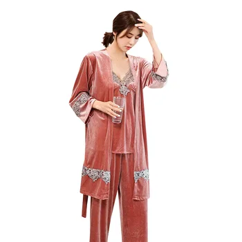Aksomo 3PCS Pižama Kostiumas Moterims Rudenį Naujų Sleepwear ilgomis Rankovėmis Seksualus Suspender Chalatas Kimono Suknelė Nustatyti Nėrinių Apdaila naktiniai drabužiai