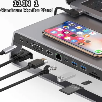 Aliuminio Stebėti Stovėti Docking Station su USB C Hub Paramos 4K HDMI VGA TF Kortelę Belaidžio Įkrauti Nešiojamojo kompiuterio Stovas Office Žaidimas
