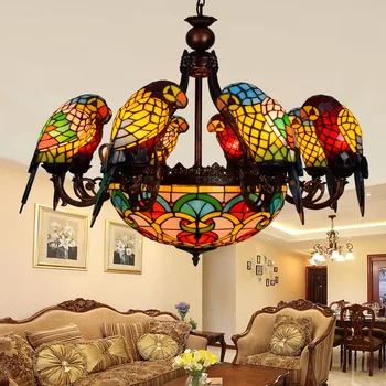American Pastoral Tiffany Retro stiliaus prabangūs papūga paukštis pakabukas žibintas tamsintas stiklas baras kambarį salonas kabinti apšvietimas