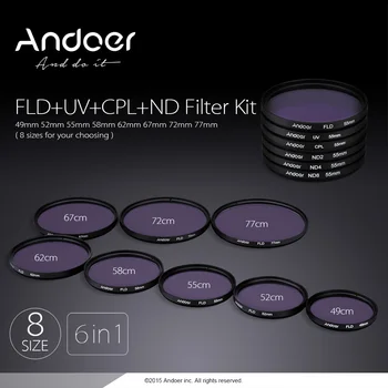 Andoer 49/52/55/58/62/67/72/77mm UV+CPL+FLD+ND(ND2 ND4 ND8) Fotografijos Filtrą, Rinkinys, Rinkinys, Filtras, skirtas 