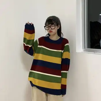 Apvalios kaklo megztinis moteriška rudens ir žiemos dryžuotas ilgomis rankovėmis didelio dydžio kašmyras megzti megztinis (puloveris)