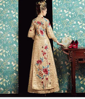 Aukso Siuvinėjimai Kinų Tradicinė Suknelė, Vestuvės, Ilgas Cheongsam Vestuvių Nuotaka 