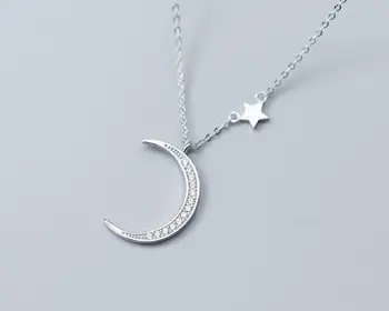 Autentiškas REALUS. 925 Sterlingas Sidabro FINE Jewelry balta cz cirkonis nustatytas Didelis Crescent Moon Star Karoliai pakabukas giftGTLx1685