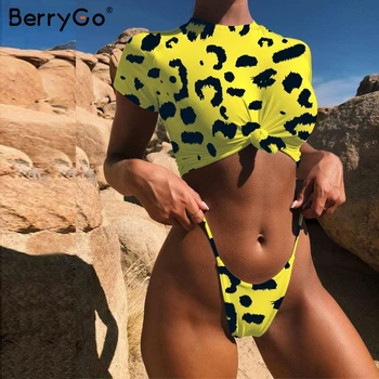 BerryGo Seksualus leopard sporto maudymosi kostiumėlis moterims Laisvalaikio t-shirt aukštos sumažinti thong bikini nustatyti Dviejų dalių paplūdimio push up maudymosi kostiumai