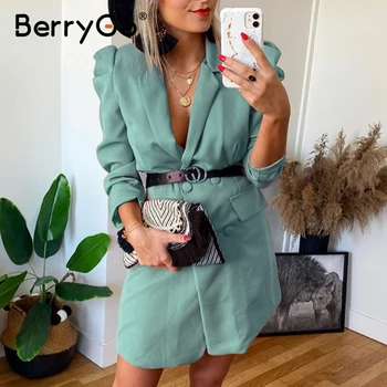 BerryGo mygtuką švarkas suknelė tiesiai moterų Sluoksniuotos rankovėmis atsitiktinis aukšto juosmens diržas žalia suknelė Elegantiškas 2020 m. kietų biuro ponios suknelė