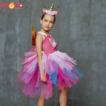 Blizgučiai Vienaragis Princesė Inscenizacija Gėlių Mergaitė Tutu Suknelė Vaikai Šalis Kostiumas su ekrano užsklandą ir Sparnus, Helovyno Cosplay Girl Dress