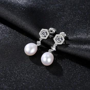 CZCITY Elegantiškas Natūralių Gėlavandenių Perlų Lašas Auskarai Moterims Šviečia CZ Ornamentu Žavinga Auskarai 925 Sidabro Papuošalai