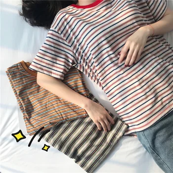 Camisetas de mujer para niñas Estudiante Harajuku Verano Nuevas camisetas de rayas sueltas Ropa femenina atsitiktinis ropa mujer