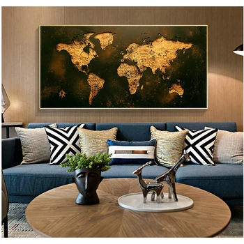 Derliaus Golden Pasaulio Žemėlapio Vaizdą Šiuolaikinės Drobė, Tapyba HD Spausdinti Plakato Office Freskos Gyvenimo Kambario, Miegamasis Apdailos Frameless