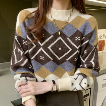 Derliaus Stilingas Geometrinis Rhombic Džemperis Moterims Ilgomis Rankovėmis O-Kaklo Megztiniai (Puloveriai Viršūnes Moterų Korėjos Prarasti Žiemos Drabužių 2020 M.
