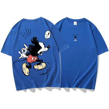 Disney Marškinėliai Atgal Ančiukas Donaldas Mickey Mouse Animacinių Filmų Spausdinti Porų Vienodų Moterų Marškinėliai Trumpomis Rankovėmis Tee O-Kaklo Viršūnes 10 Spalvų
