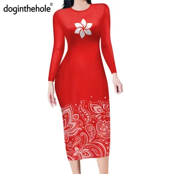 Doginthehole Moterų Sexy Bodycon Midi Pieštuku Suknelė Rudenį Atsitiktinis Polinezijos Gėlių Genčių Modelio Raudonos Longuette Lady