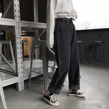 Džinsai Moterims Rudens Naujiena Korėjos Mados Streetwear Naujas Kieto Plauti Prarasti Aukšto Liemens Kelnės Moterų Borfriend Atsitiktinis Tiesiai
