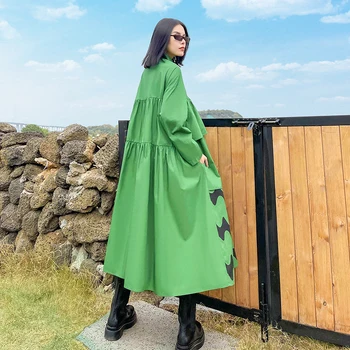 [EAM] Moterys Didelis Dydis Spausdinti Modelio Sluoksniai Žalia Suknelė Nauja Atvartas ilgomis Rankovėmis Palaidi Tinka Mados Banga Pavasario Rudens 2021 1DD3784