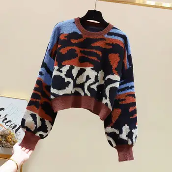 EBAIHUI 2020 m. Žiemos Žakardo Leopard Megzti Megztinis Moterims, O-Kaklo Negabaritinių Megztinis Storas Šiltas Vintage Megztinis