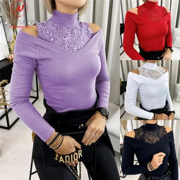 Elegantiškas Moteris Vientisos Spalvos Marškinėliai Tuščiaviduriai Iš Dizaino Nėrinių Dekoras Off Peties O-Kaklo, Ilgomis Rankovėmis Slim Puloveriai Viršų
