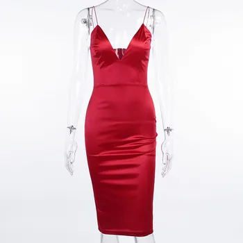Elegantiškas Satino Suknelės Moterims Tvirtą Raudona Juoda Midi Suknelė 2021 Mados Vasarą V-Kaklo Ponios Seksualus Apdaras Vakarėlis Raudona Vestidos