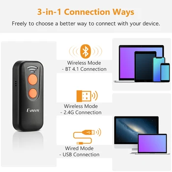 Evnvn Mini Bluetooth 2D brūkšninių kodų Skaitytuvas, 3-in-1 USB Laidinio ir 2.4 G Bevielio 
