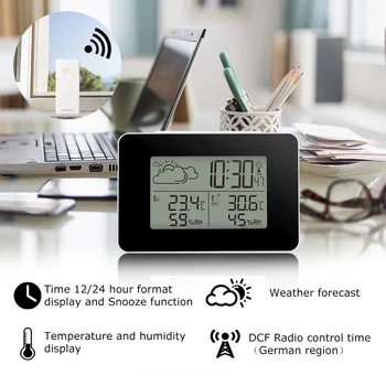 FanJu FJ3364 Skaitmeninis Laikrodis-Žadintuvas Oras Stotis Belaidžių Jutiklių Termometras su Drėgmėmačiu Žiūrėti LCD Laiko Darbalaukio Stalo Laikrodžiai