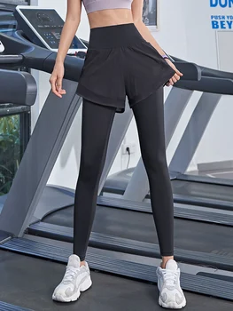 Fitneso kelnės moterų aukšto juosmens netikrą dviejų dalių veikia jogos kelnės ruožas triko rudenį išorinis dėvėti greitai-džiovinimo sporto kelnės