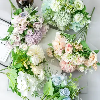 Flone Dirbtinės gėlės rožės bijūnų Hydrangea filialas, vestuvių gėlės medžiagų, apdailos, namų dekoro lentelė gėlių išdėstymas