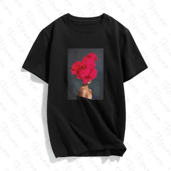Fotografijos Menas Mados Sexy Moteris Su Gėlių T-shirt Moterims, Estetinės Kawaii Medvilnės trumpomis Rankovėmis Plius Dydis Viršuje Tees Streetwear
