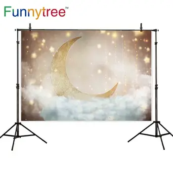Funnytree Baby Shower Naujagimių Photophone Fotografijos Fonas Aukso Blizgučiai Mėnulį, Žvaigždes, Debesis Fone, Photocall Foto Studija