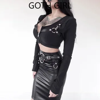 Goth Girl Tamsiai Serijos ilgomis Rankovėmis T-shirt Moterų Rudenį Naujų Užtrauktukas Aikštėje Apykaklės Stora Viršų Moteriška 