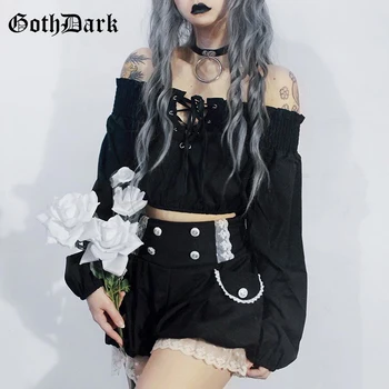 Goth Tamsiai Vintage Grunge Gotikos T-shirt Moterims, Harajuku Apkarpytos Tuščiaviduriai Iš Plisuotos T-shirts Rudenį 2019 Dirželis Sluoksniuotos rankovėmis Punk