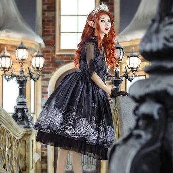 Gotikinio stiliaus lolita dress senovinių nėrinių bowknot kawaii suknelė spausdinimo gothic lolita jsk rankovių viktorijos suknelė loli cosplay