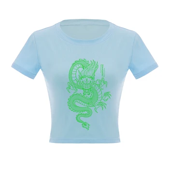 Gotikos Trumpas Rankovės Apkarpytos Marškinėliai Moterims Green Dragon Spausdinti Streetwear Marškinėlius 2020 Metų Vasaros Cool O-kaklo Derliaus Viršuje Moterų Drabužiai