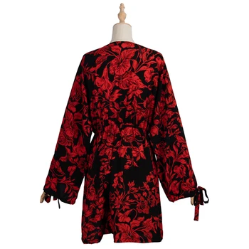 Gėlių Spausdinti Suknelės Moterims 2020 M. Rudenį Atsitiktinis V-kaklo Black Red Print - Line Suknelė Vestidos Prašmatnus Aukšto Juosmens Braškių Suknelė