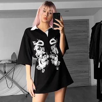 Harajuku Palaidi Ilgi marškinėliai Moterims Gothic punk Streetwear Negabaritinių Juoda T-shirts Grunge Spausdinti Dragon Moterų Derliaus Viršūnės