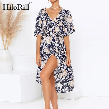 HiloRill 2020 m. Moteris Ilgai Suknelės Vasaros Boho Gėlių Spausdinti Paplūdimio Suknelė Seksualus V-kaklo Padalinta Šalis Suknelė Elegantiškas Sundress Skraiste Femme