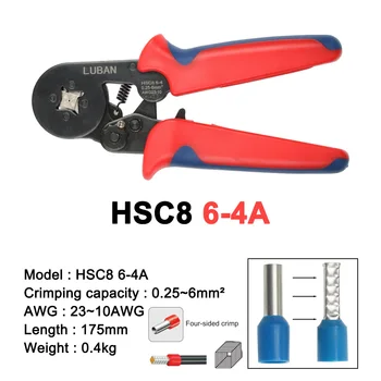Hsc8 6-4 mini SAVARANKIŠKAI REGULIUOJAMAS UŽSPAUDIMO TIEKĖJAS 0.25-6mm2 terminalų užspaudimo įrankis multitool įrankiai rankas reples awg 23-10 oranžinė