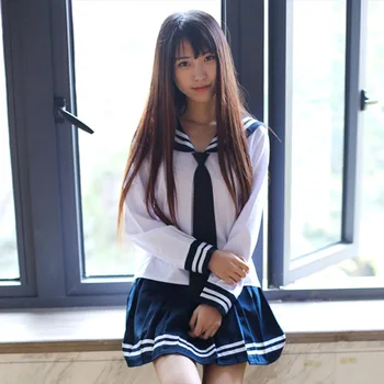 Japonijos mokyklines uniformas korėjos Mados Plisuotas Sijonas, Sailor Mokyklos kostiumas mergaitei, Baltos, Tamsiai mėlynos nustatyti Harajuku Kawaii Seifuku