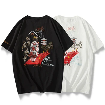 Japonų mados prekės ženklo siuvinėjimo kaukolė gėlių karalienė cherry blossom Fuji trumparankoviai marškinėliai vasaros medvilnės dugno marškinėliai vyrams