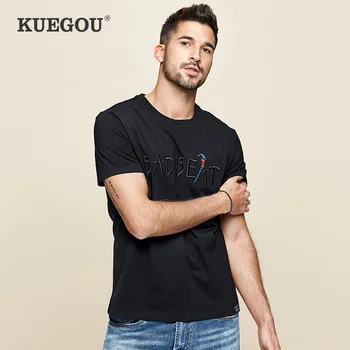 KUEGOU vyriški trumpomis rankovėmis marškinėliai Vyrų Vasaros Mados Siuvinėjimas medvilnės apvalios apykaklės raidė T-shirt top dydis ZT-3333