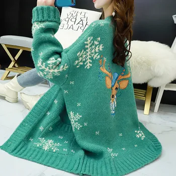 Kalėdų Elnias Snaigės Megzti Moterų Megztinis Žiemą Tirštėti Kišenės V-kaklo Moterų Megztiniai Rudenį korėjos Ponios susagstomi megztiniai