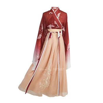 Kinijos Tradicinių Drabužių Festivalis Liaudies Šokių Suknelė Hanfu Moterų, Mergaičių Vintage Retro Pasakų Krano Siuvinėjimo Šifono Raudona Rinkinys