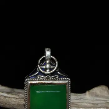 Kinijos senoji Tibeto sidabro inkrustacijos green jade pakabukas