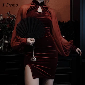 Kinų Stiliaus Gotikos Cheongsam Seksuali Moteris Slim Aksomo Akių Kratinys Moteriška Suknelė