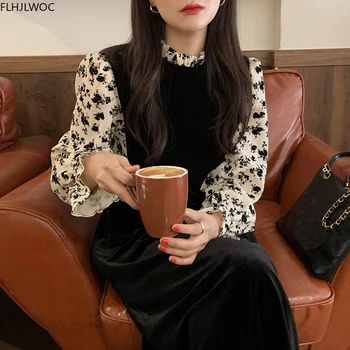 Korėjos Elegantiškos Mados Moteriškas Vestidos Moterų Blyksnius Rankovės Kratinys Gėlių Spausdinti Retro Vintage Ilga Juoda Suknelė N2861