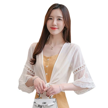 Kratinys Nėrinių Kimono Megztinis Palaidinės Moterims, 2021 M. Vasarą Trumpomis Rankovėmis Pasėlių Viršuje Atsitiktinis Apsauga Nuo Saulės, Drabužiai Balti Maži Marškinėliai