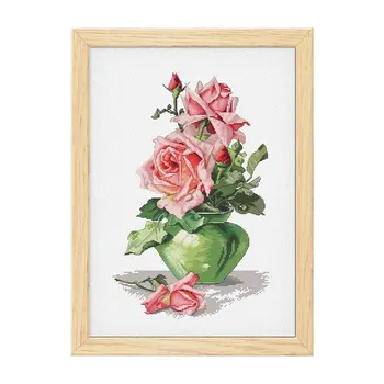 Kryželiu Rinkinys Tikslumo Spausdinimo B1491 Stiklo Vaza Rožinė Rožė Gėlių Kambarį Vertus, Siuvinėjimo Namo Dažymas