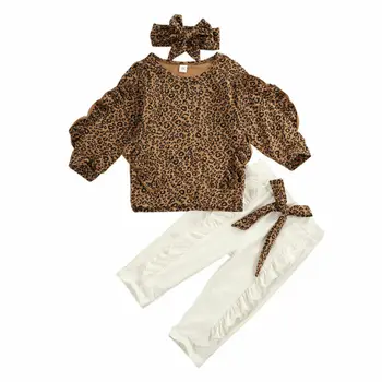 Kūdikiams, Vaikams Baby Girl Ilgomis Rankovėmis Raukiniai Leopardas Spausdinti Marškinėlius, Kelnes Rinkinys