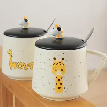 Kūrybinės Keramikos Puodelis Mielas Animacinių Filmų Žirafa Kavos Puodeliai Su Dangteliu Ir Šaukštu Pieno Puodeliai Drinkware Pusryčiai Taurės Pora Gimtadienio Dovana